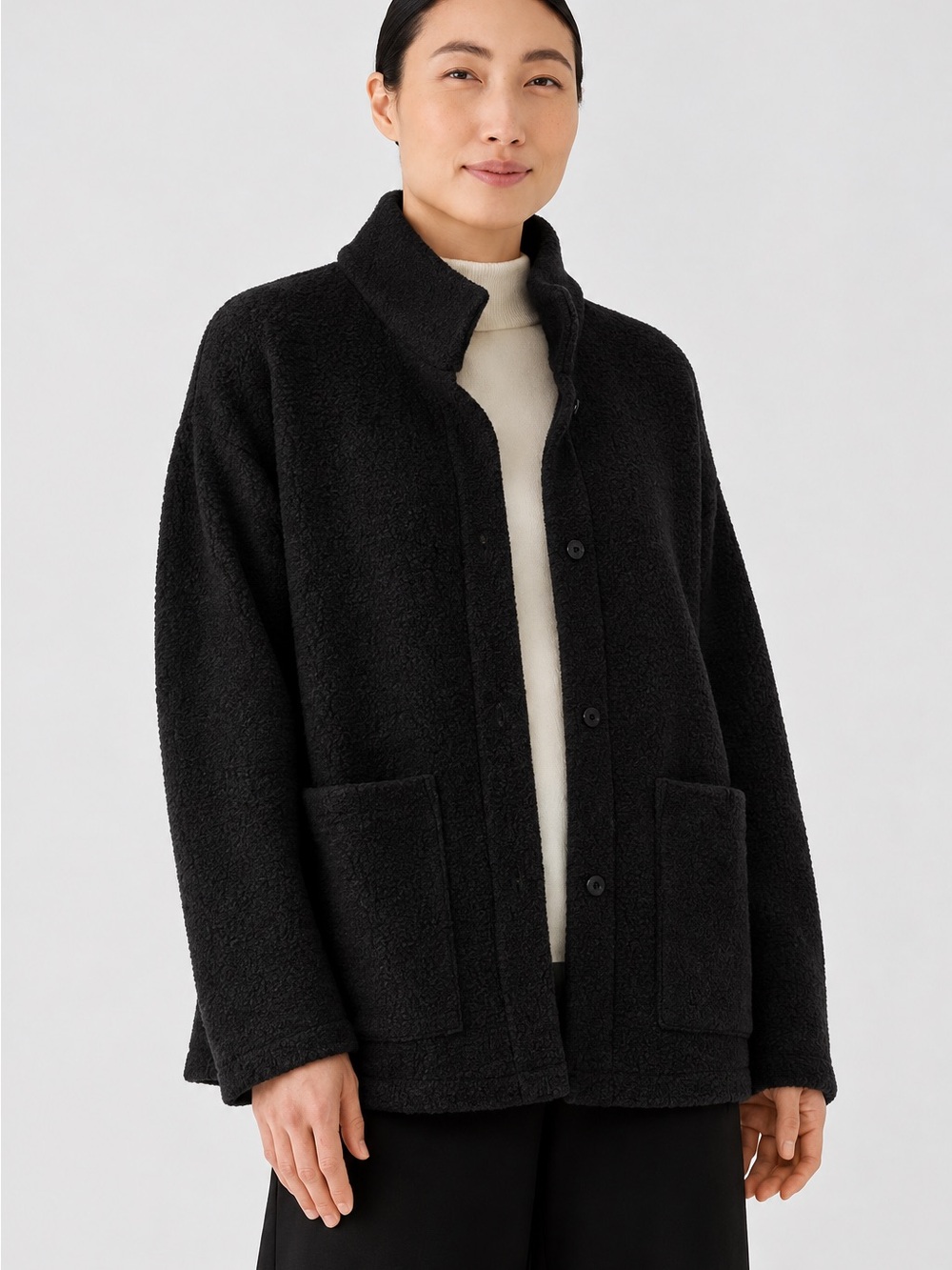 Eileen Fisher Black Bouclé Wool Knit Jacket Coat Medium